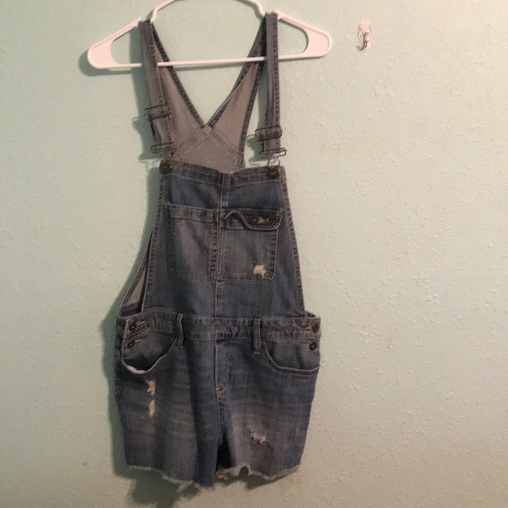 Distressed overall shorts